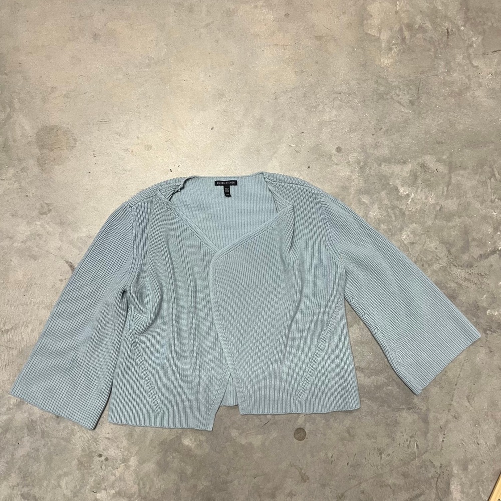 Eileen Fisher Blue Organic Cotton Ribbed Knit Open Front Cardigan Sweater M